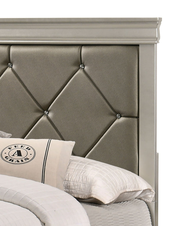  perfect for creating a serene and sophisticated sanctuary. The centerpiece is a sumptuous bed framed by a headboard with diamond-tufted detailing