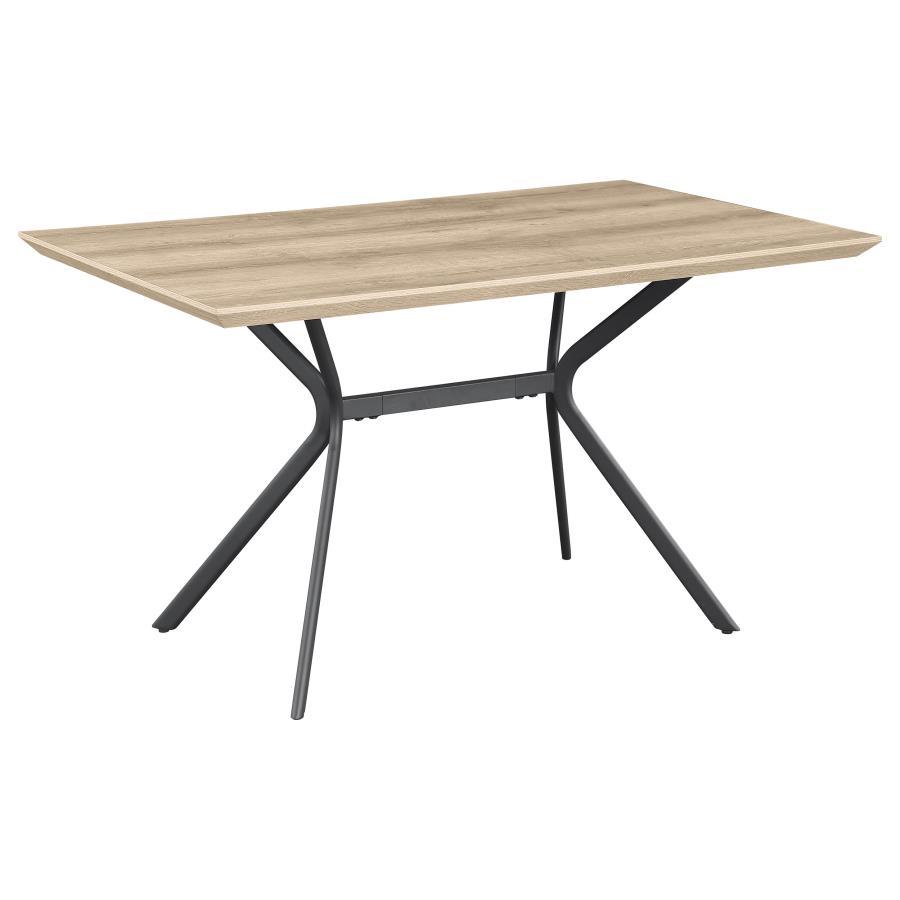 Freshen up your kitchen or dining room with a modern casual dining table. Its rectangular silhouette is versatile and stylish, perfect for multi-functional spaces like breakfast nooks and compact dining rooms. It boasts a medium brown wood grain tabletop 