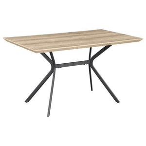 Freshen up your kitchen or dining room with a modern casual dining table. Its rectangular silhouette is versatile and stylish, perfect for multi-functional spaces like breakfast nooks and compact dining rooms. It boasts a medium brown wood grain tabletop 