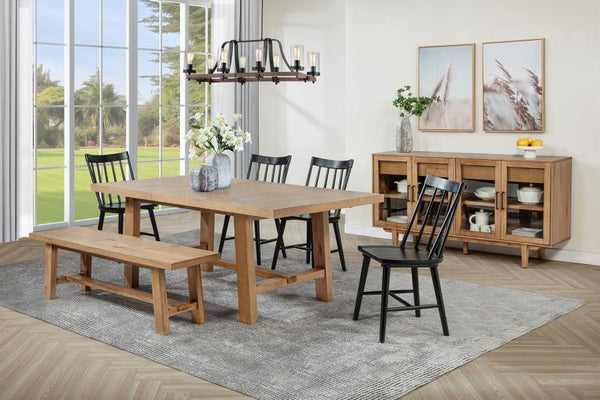 This refined dining set pairs timeless craftsmanship with a modern touch for a stylish and functional space. The extension dining table features a removable 16-inch leaf, expanding from 60 to 76 inches to accommodate various gatherings. Solid mahogany, en