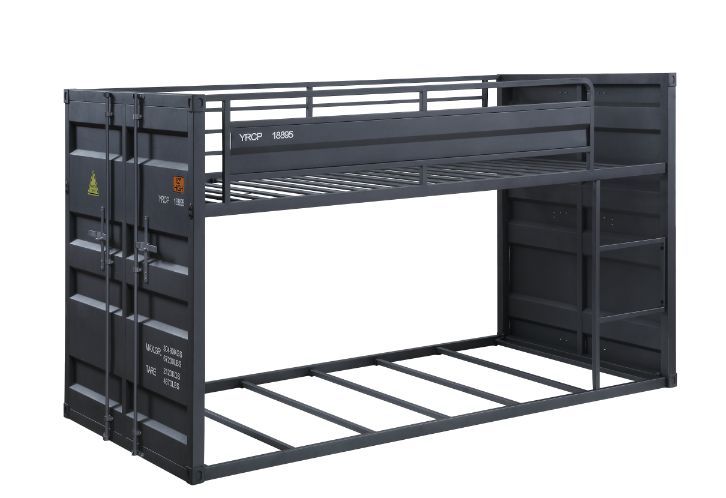 Designed shorter than the average bunk bed, this Cargo twin over twin bunk bed is excellent for low ceiling bedrooms. With its whimsical shipping container design and sturdy metal frame, this is one piece that will impress everyone. It features a slat sys