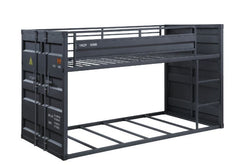 Designed shorter than the average bunk bed, this Cargo twin over twin bunk bed is excellent for low ceiling bedrooms. With its whimsical shipping container design and sturdy metal frame, this is one piece that will impress everyone. It features a slat sys
