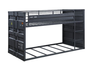 Designed shorter than the average bunk bed, this Cargo twin over twin bunk bed is excellent for low ceiling bedrooms. With its whimsical shipping container design and sturdy metal frame, this is one piece that will impress everyone. It features a slat sys