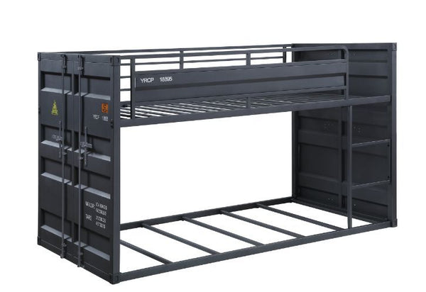 Designed shorter than the average bunk bed, this Cargo twin over twin bunk bed is excellent for low ceiling bedrooms. With its whimsical shipping container design and sturdy metal frame, this is one piece that will impress everyone. It features a slat sys