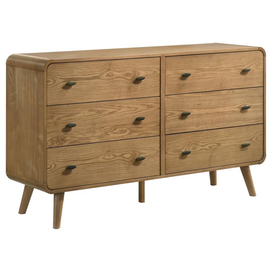 Keep your space neat and organized with this sleek mid-century modern dresser, built with pine, engineered wood, and walnut veneer for durability. Featuring six spacious drawers, it offers ample storage for clothing and accessories. Rounded edges and tape