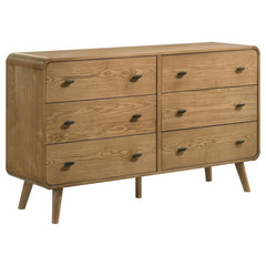 Keep your space neat and organized with this sleek mid-century modern dresser, built with pine, engineered wood, and walnut veneer for durability. Featuring six spacious drawers, it offers ample storage for clothing and accessories. Rounded edges and tape