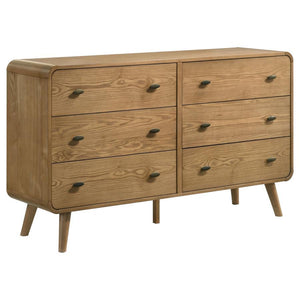 Keep your space neat and organized with this sleek mid-century modern dresser, built with pine, engineered wood, and walnut veneer for durability. Featuring six spacious drawers, it offers ample storage for clothing and accessories. Rounded edges and tape