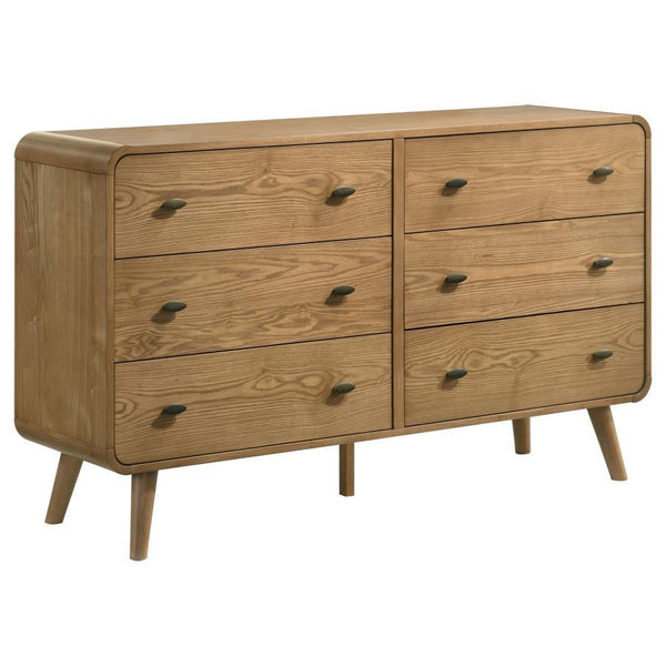 Keep your space neat and organized with this sleek mid-century modern dresser, built with pine, engineered wood, and walnut veneer for durability. Featuring six spacious drawers, it offers ample storage for clothing and accessories. Rounded edges and tape