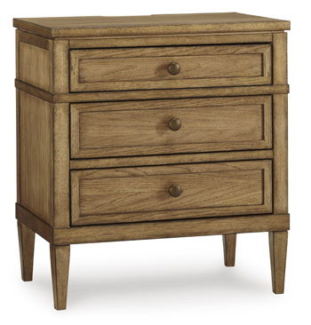 Taking a timeless approach to bedroom beauty, this nightstand brings easygoing elegance to the everyday. With its light brown wood tone, it seamlessly slips into your roomâ€™s aesthetic. Dark bronze-tone pulls accent the drawers, adding to the nightstand-
