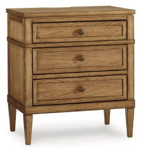 Taking a timeless approach to bedroom beauty, this nightstand brings easygoing elegance to the everyday. With its light brown wood tone, it seamlessly slips into your roomâ€™s aesthetic. Dark bronze-tone pulls accent the drawers, adding to the nightstand-