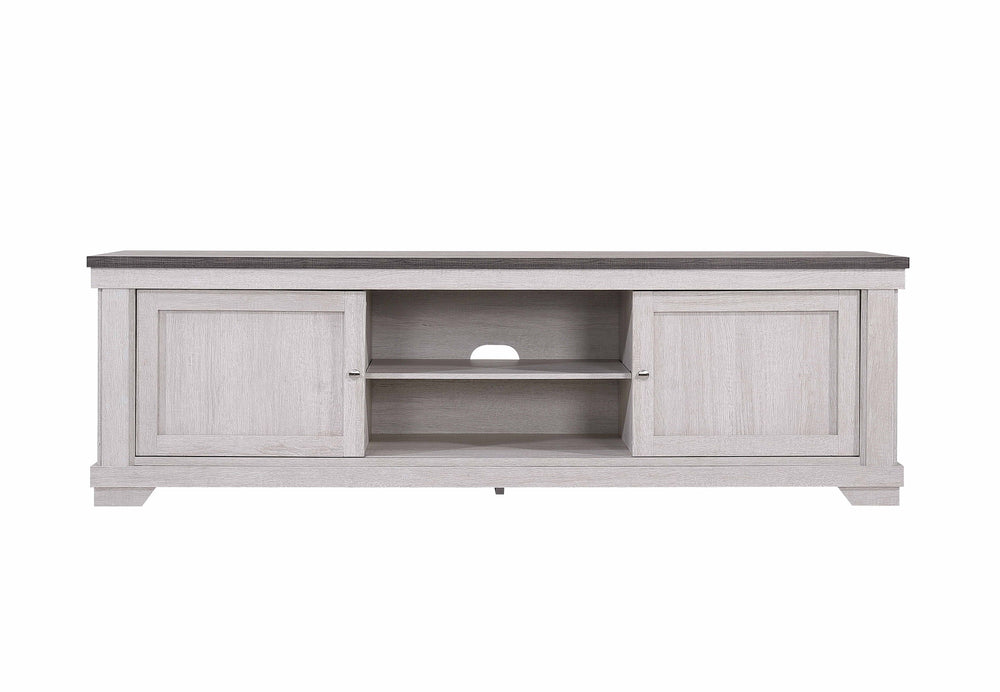 This entertainment console blends rustic charm with modern functionality, perfect for organizing your media setup in style. Its light, weathered wood finish and contrasting dark tabletop provide a striking balance of warmth and elegance. Sliding doors pro