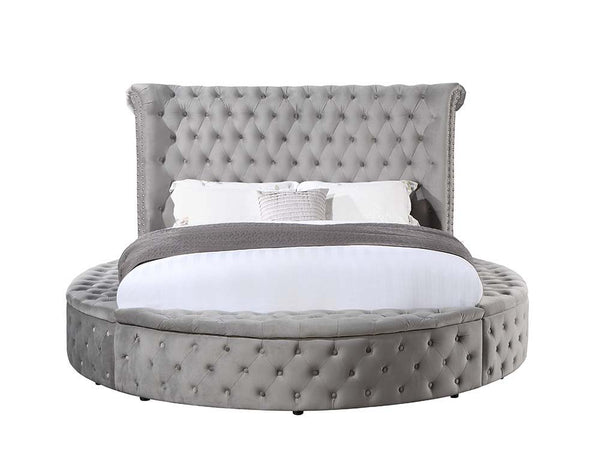 the Gaiva bed adds drama to your bedroom dcor. It has a tufted upholstered velvet fabric headboard and footboard. Built on a wooden frame with nailhead applications to add elegance to the bed. Adding further appeal 