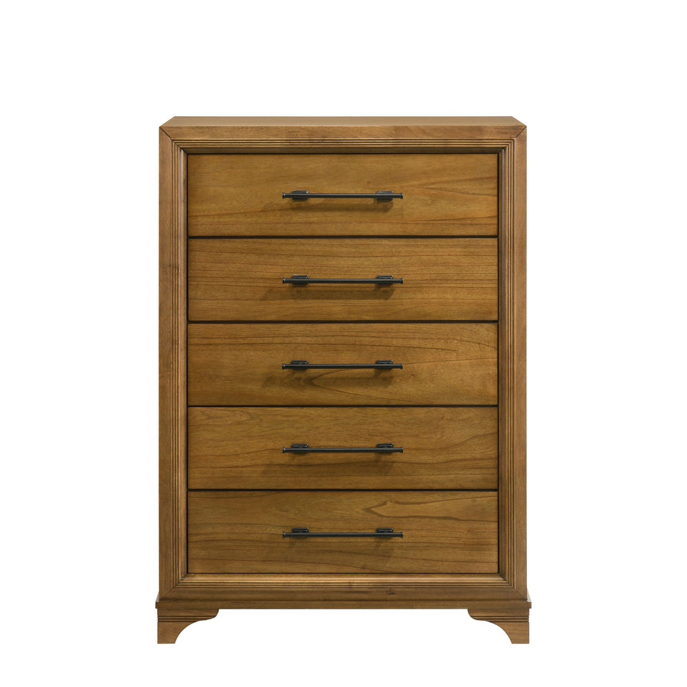 The Talcott 5 Drawer Chest in honey finish offers durability and style, crafted from solid Rubberwood, manufactured woods, and Mindy wood veneers for strength and stability. This transitional piece blends traditional and contemporary elements, featuring d
