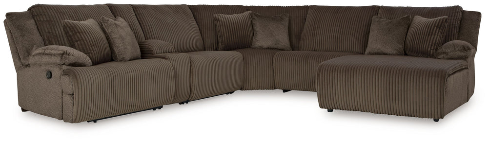 Experience unparalleled comfort with this reclining sectional with chaise. Itâ€™s a stylish and invitingly soft lookâ€”made all the more appealing by cozy corduroy cushions that feel great and add a touch of texture. The rich chocolate brown upholstery ef
