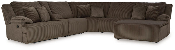 Experience unparalleled comfort with this reclining sectional with chaise. Itâ€™s a stylish and invitingly soft lookâ€”made all the more appealing by cozy corduroy cushions that feel great and add a touch of texture. The rich chocolate brown upholstery ef