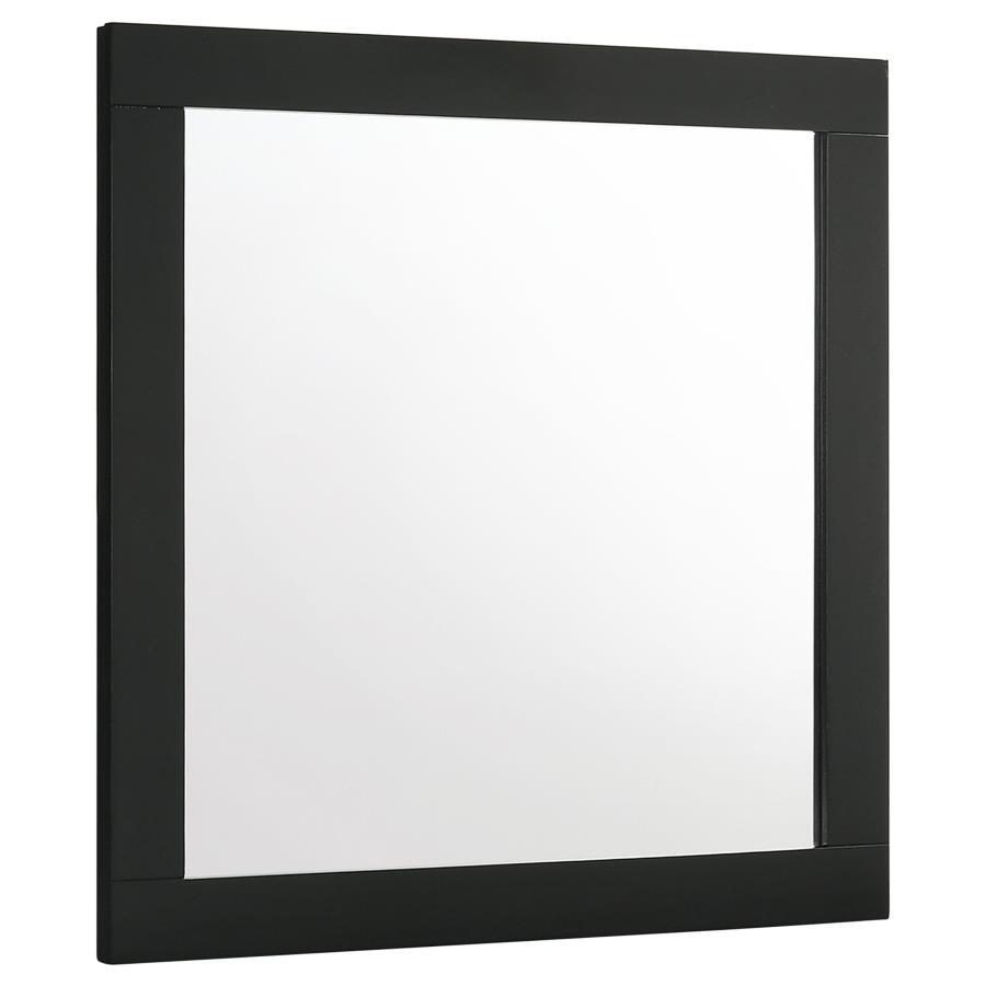 Modern luxury with a minimalist look offers a perfect fit for updated bedrooms as the dresser mirror completes an ensemble with utility and beauty in a sleek master suite or guest bedroom. Wood and wood products construct a mirror frame with clean lines a