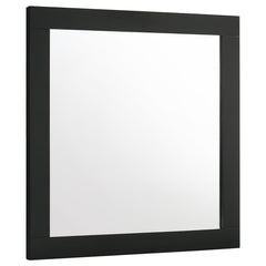 Modern luxury with a minimalist look offers a perfect fit for updated bedrooms as the dresser mirror completes an ensemble with utility and beauty in a sleek master suite or guest bedroom. Wood and wood products construct a mirror frame with clean lines a
