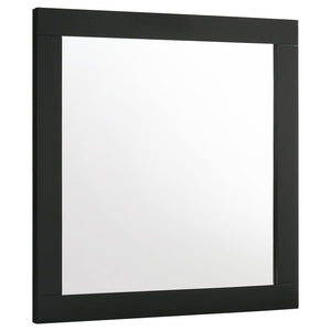 Modern luxury with a minimalist look offers a perfect fit for updated bedrooms as the dresser mirror completes an ensemble with utility and beauty in a sleek master suite or guest bedroom. Wood and wood products construct a mirror frame with clean lines a