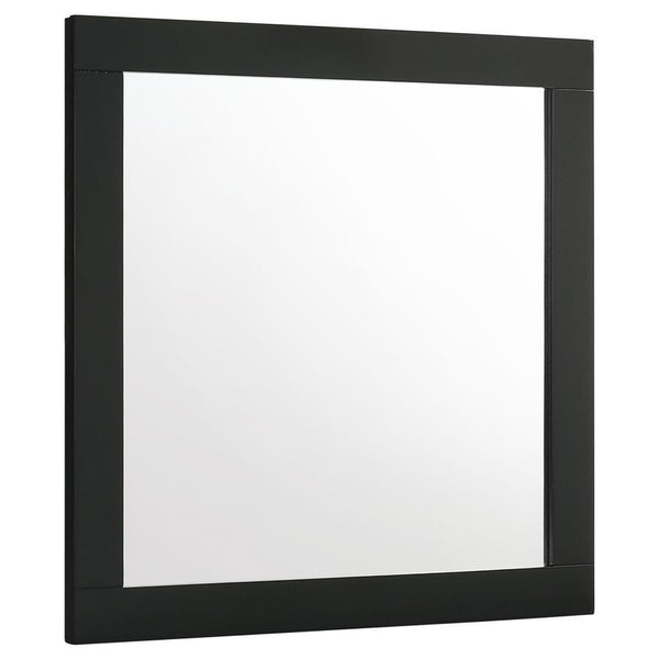 Modern luxury with a minimalist look offers a perfect fit for updated bedrooms as the dresser mirror completes an ensemble with utility and beauty in a sleek master suite or guest bedroom. Wood and wood products construct a mirror frame with clean lines a
