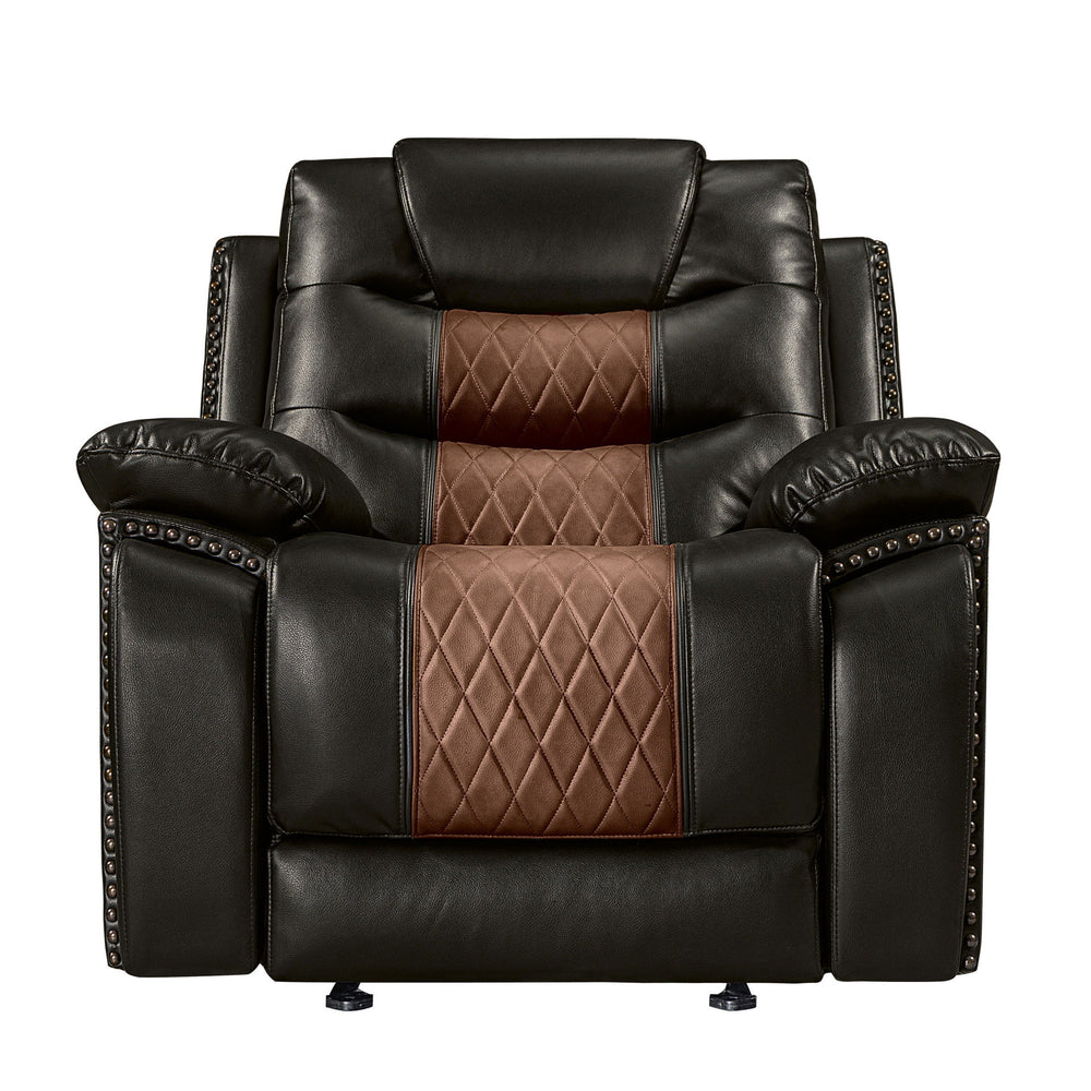Experience unparalleled comfort with the Nikko Glider Recliner with Hidden Cup Holders in brown. This recliner is built with long-lasting construction, featuring frames crafted from hardwoods and plywood for a stable and durable seating experience. Enjoy 