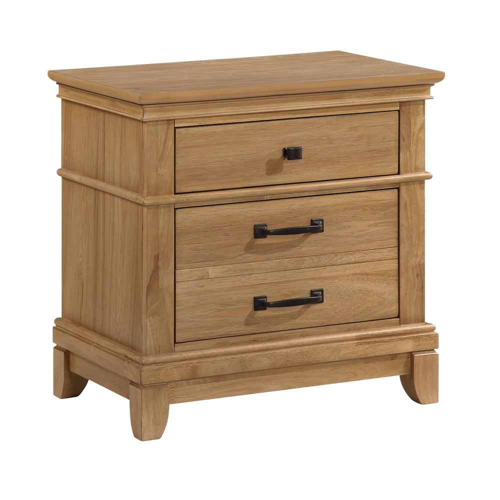 The Sunstone Nightstand offers durable, quality construction with solid rubberwood, manufactured woods, and hickory wood veneers, ensuring a strong and stable bedside chest. This collection-'s versatile style showcases a classic, rustic design with natura