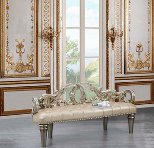 Feast your eyes upon the decadence and true luxury of the Danae collection of furniture! This striking bed defines opulence! Created to make a statement, this regal bed invites you to hold court in its divine carved curves and details. The Champagne finis
