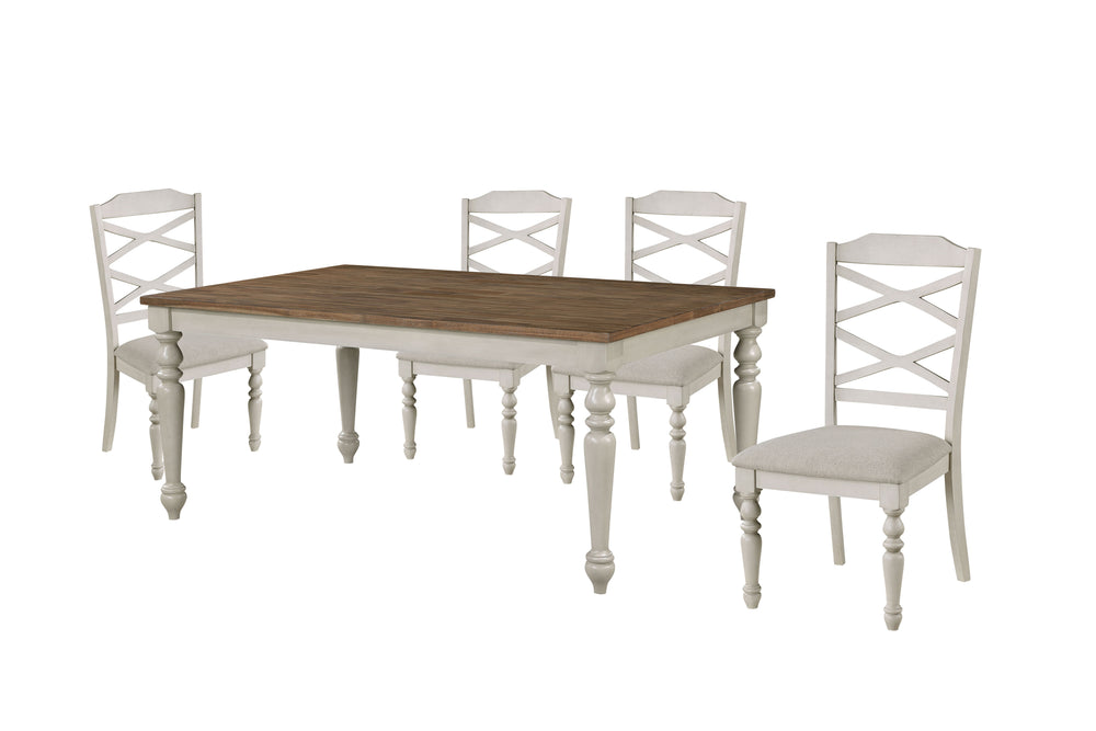The Jennifer Wood 5-Piece Dining Set offers a perfect blend of style and durability, crafted from solid Rubberwood, premium manufactured woods, and genuine Oak and Acacia wood veneers for long-lasting use. This set includes a 70" fixed-top dining table an