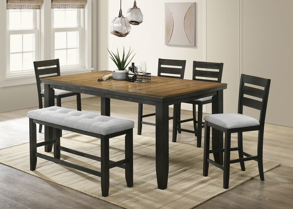 Create a warm and inviting dining space with this beautifully crafted counter-height dining group, perfect for both casual meals and entertaining. The striking two-tone design features a rich, warm woodgrain tabletop that contrasts elegantly with the bold
