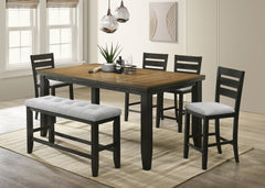 Create a warm and inviting dining space with this beautifully crafted counter-height dining group, perfect for both casual meals and entertaining. The striking two-tone design features a rich, warm woodgrain tabletop that contrasts elegantly with the bold