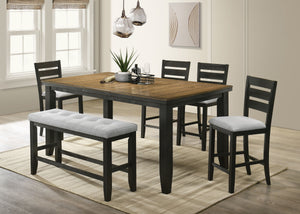 Create a warm and inviting dining space with this beautifully crafted counter-height dining group, perfect for both casual meals and entertaining. The striking two-tone design features a rich, warm woodgrain tabletop that contrasts elegantly with the bold