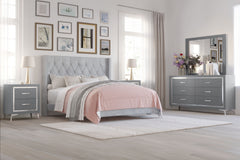 The Huxley 5-Piece Bedroom Set in Gray combines contemporary glam with durable construction for a stylish and functional bedroom upgrade. This set includes an upholstered bed with headboard, footboard, two side rails, and slat kit, along with a 6-drawer d