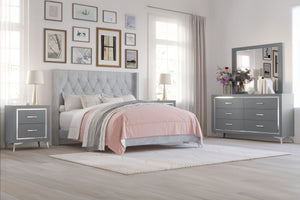 The Huxley 5-Piece Bedroom Set in Gray combines contemporary glam with durable construction for a stylish and functional bedroom upgrade. This set includes an upholstered bed with headboard, footboard, two side rails, and slat kit, along with a 6-drawer d