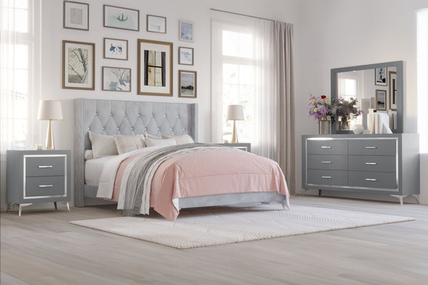 The Huxley 5-Piece Bedroom Set in Gray combines contemporary glam with durable construction for a stylish and functional bedroom upgrade. This set includes an upholstered bed with headboard, footboard, two side rails, and slat kit, along with a 6-drawer d