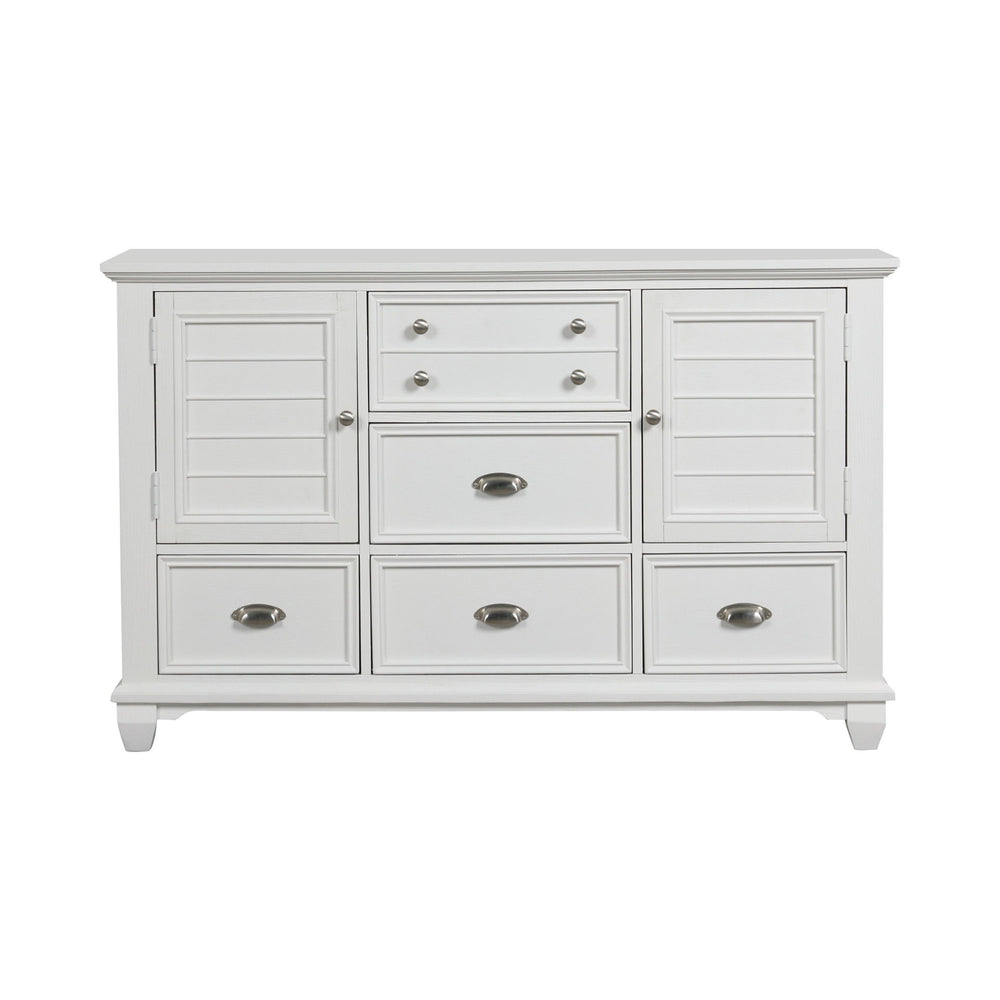 The Jamestown Wood Dresser in White offers a perfect combination of durability, style, and functionality, making it an essential addition to any bedroom. Expertly crafted from solid Acacia, premium manufactured woods, and authentic Oak veneers, this dress