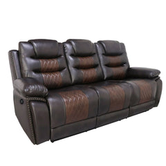 Elevate your relaxation experience with the Nikko Dual Recliner Sofa with Power Footrests, Hidden Cupholders, and Drop Down Snack Tray in brown. This sofa, crafted with long-lasting construction using hardwood and plywood frames, offers stable and durable