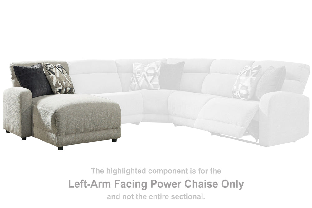 This left-arm facing power reclining back chaise is made with polyester upholstery. Pairs with other items in the series to make a sectional.<br><br><b>Additional Dimensions</b><br><ul><li>Leg height: 2.5-"</li><li>Minimum width of doorway for delivery: 3