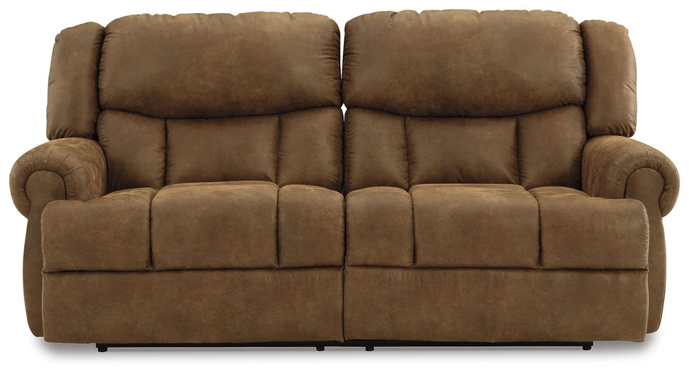 Expansive elegance. This reclining sofa makes a sizable style statement. Its large scale enhances the luxe appearance, magnifying the beauty of richly warm brown faux leather. Polishing off the piece is an effortless reclining motion, which adds a layer o