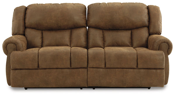 Expansive elegance. This reclining sofa makes a sizable style statement. Its large scale enhances the luxe appearance, magnifying the beauty of richly warm brown faux leather. Polishing off the piece is an effortless reclining motion, which adds a layer o