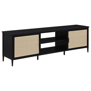 Elevate your entertainment area with this sleek 70-inch TV stand, perfect for accommodating up to a 75-inch TV. The modern design features two door cabinets with stylish radio weave polyethylene (PE) rattan fronts, adding a touch of natural texture to you