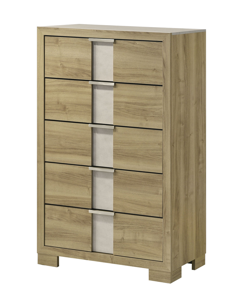 This bedroom set encapsulates modern minimalism, rendered in a soothing, natural wood finish that brings an organic, airy feel to any bedroom. The clean-lined bed boasts a broad headboard that stands as a subtle statement piece with integrated lighting. A