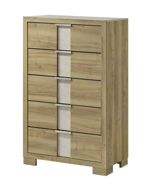 This bedroom set encapsulates modern minimalism, rendered in a soothing, natural wood finish that brings an organic, airy feel to any bedroom. The clean-lined bed boasts a broad headboard that stands as a subtle statement piece with integrated lighting. A