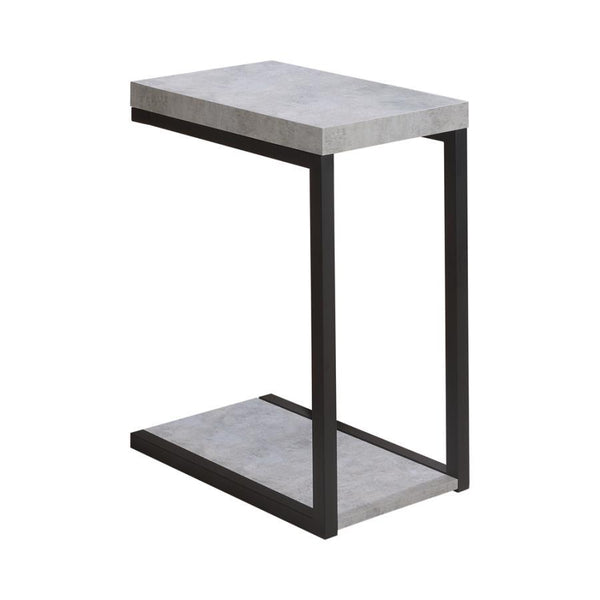This modern side table combines industrial style with practicality, featuring an engineered wood top and base in a sleek cement-like finish. Its minimalist metal frame is coated in a durable black powder-coated finish, offering both strength and contempor