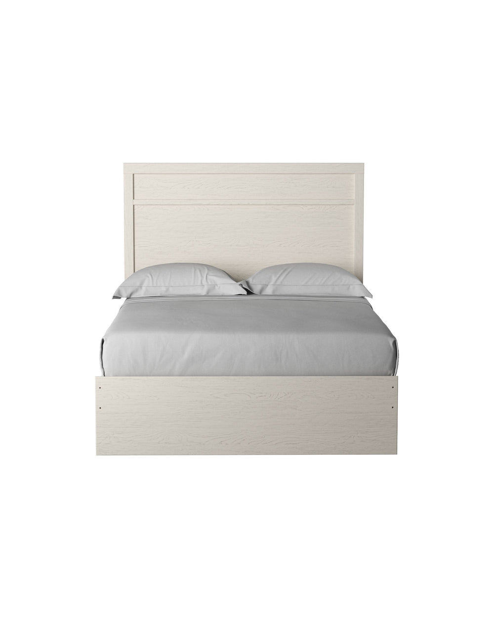 With its clean-lined look and modern attitude, this full panel bed is a fresh style awakening. Crisp, white hue over subtle replicated wood grain easily complements other furniture finishes. Simple, unadorned profile is given depth and dimension with the 