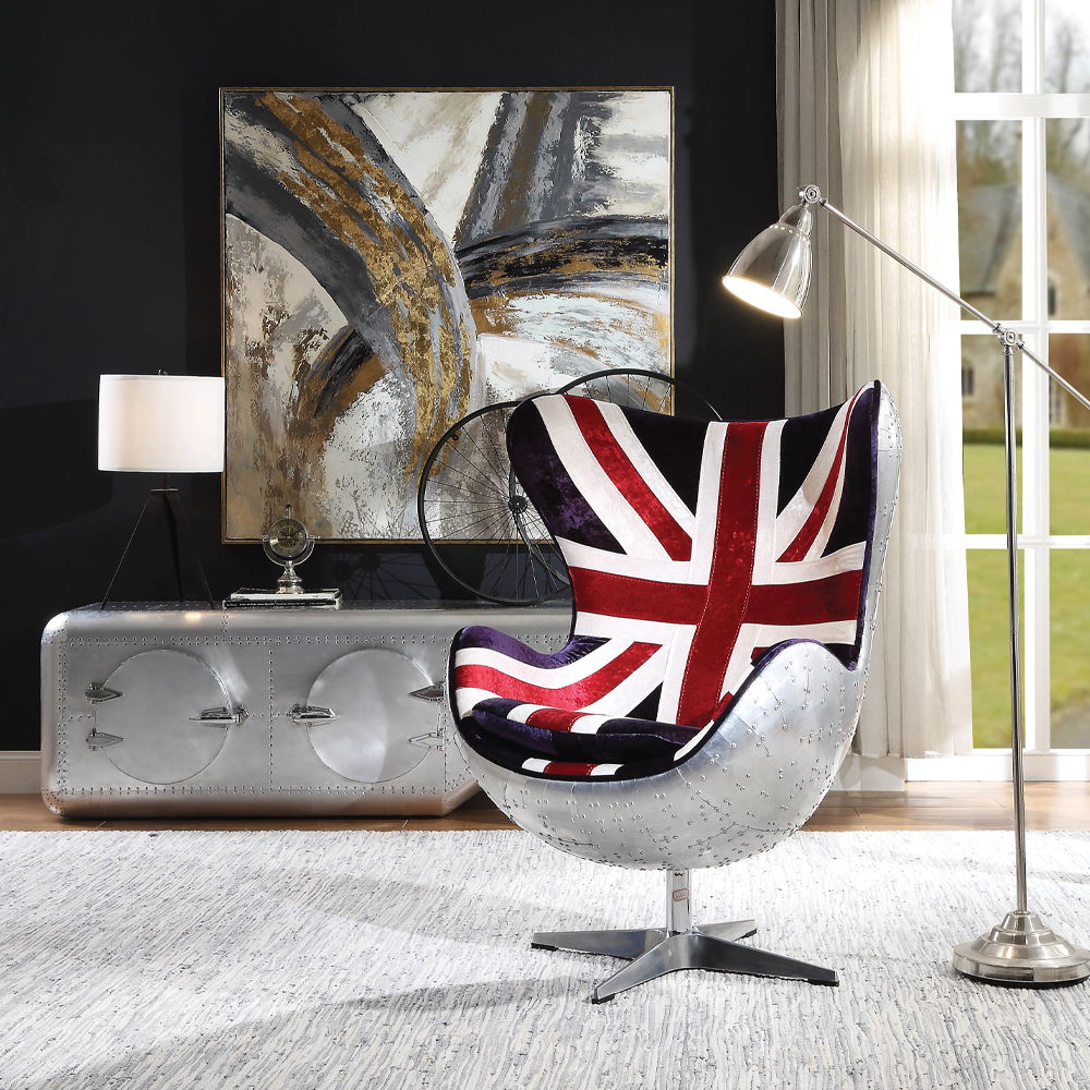 The bold, curved design and stitched detail in the England flag pattern upholstery gives the swivel accent chair a stand-out sense of style. Crafted from metal with an aluminum finish, the frame is durable and refreshingly modern. With its swivel feature,