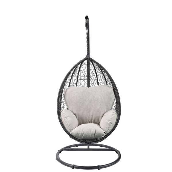  the Simona is a modern take on the classic patio swing chair. Intersecting white and black wicker creates a natural contrast and eye-catching style. Decorative versatility comes in the form of the two fabric 