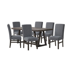 The High Line 7 Piece Dining Set is designed to enhance your dining space with its blend of durability, style, and comfort. This set includes a trestle dining table and six gray upholstered side chairs, expertly crafted from solid Acacia and Rubberwood, c