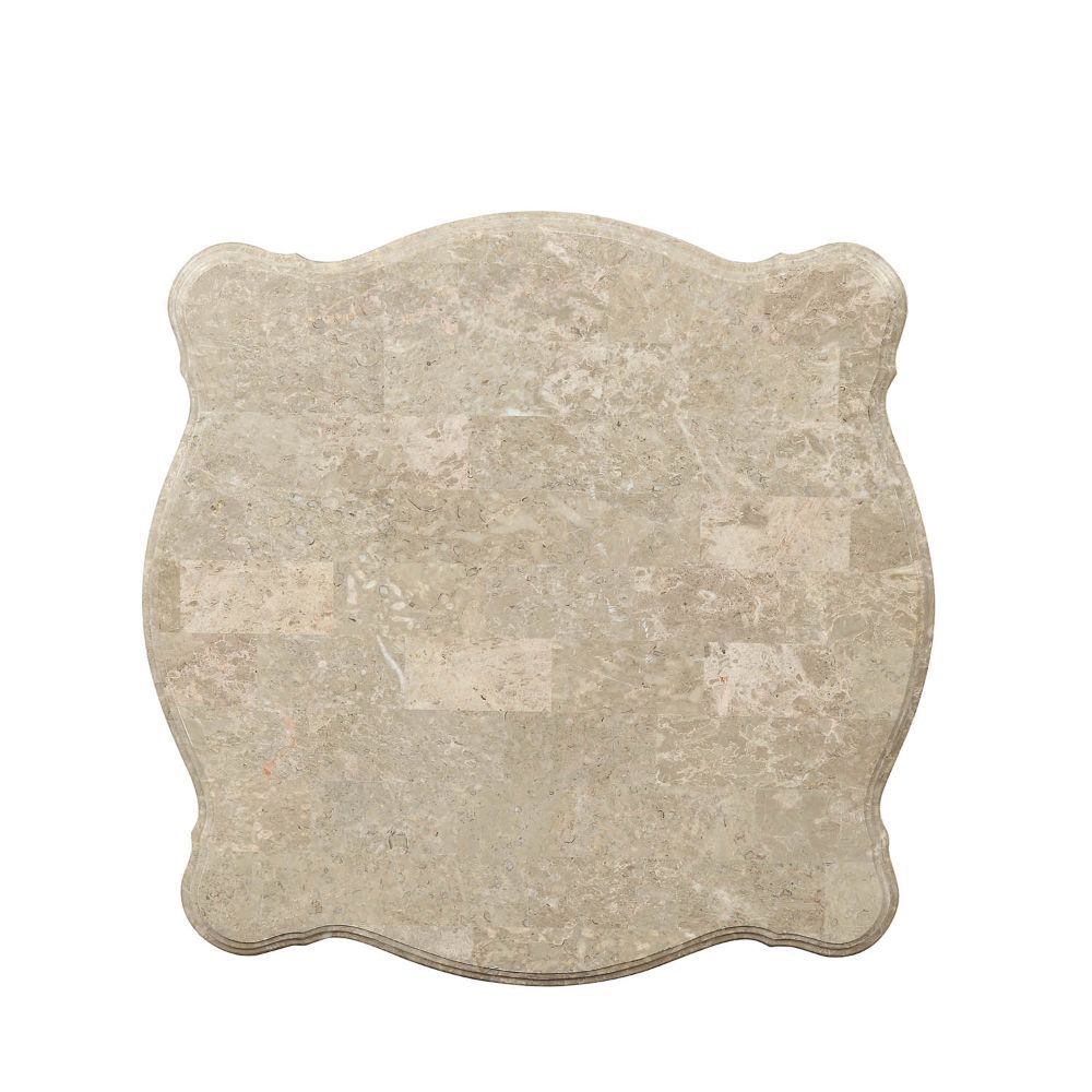 KD, Square Leg End Table â€¢ No Storage (Open Base) â€¢ Scalloped Marble Top: Spain Import Marble with MDF â€¢ Wooden Scalloped Apron with Carved Floral Motifs: Champagne Finish, Poplar Wood â€¢ Wooden Queen Anne Legs: Champagne Finish, Poplar Wood â€¢<br