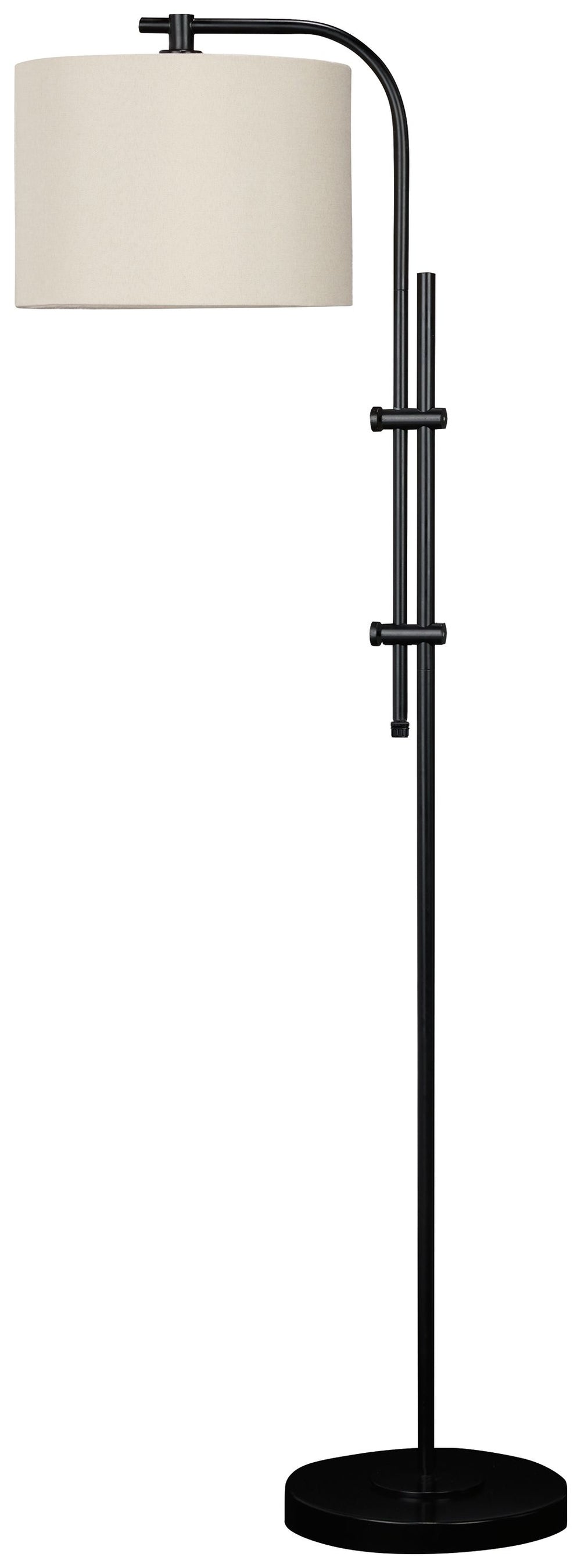 This floor lamp features a beautiful black finish that adds a striking accent to your living space. The lamp is elegantly curved with soft edges, and is adjustable to provide targeted illumination. Topped off with a crisp white drum shade, this lamp provi