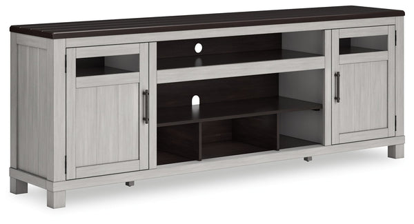 Make a farmhouse-inspired statement with this TV stand. Itâ€™s beautifully crafted to stand the test of time, with a planked effect and clean two-tone finish that lend a relaxing vintage feel. With two cabinets (each with an adjustable shelf) and an open 