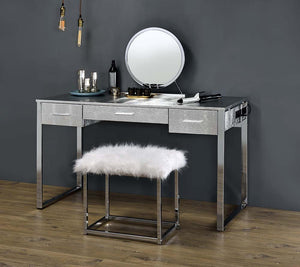 Make getting ready for a night out on the town fun with the Van chrome vanity set. From the beautifully faux crock textured case to the sturdy shiny chrome base make this a statement piece. The three ample drawers have enough room for beauty tools and sup